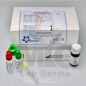 RPR CARBON detection of plasma reagins in human serum. Carbon particles coated with a lipid complex are agglutinated when mixed with samples containing reagins of patient affected by Syphilis. 100 TEST